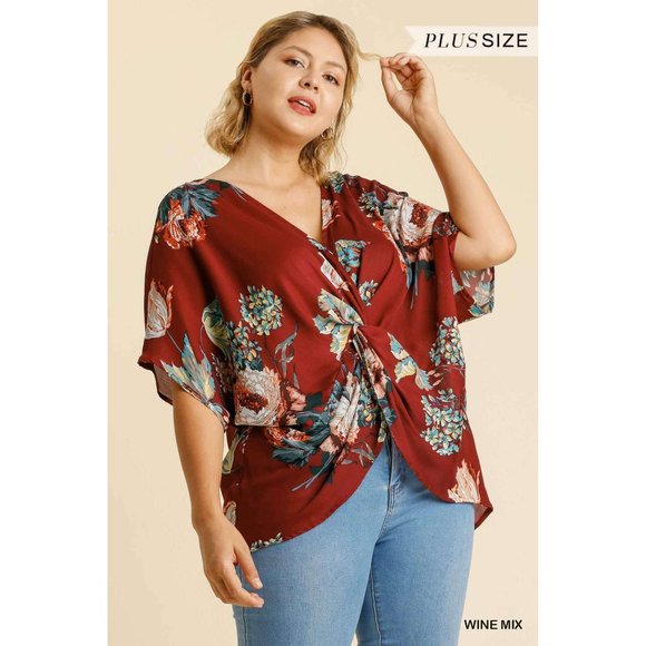 Umgee Tops - Umgee Plus Wine Mix Reversible Floral Print Dolman Sleeve V-Neck Top